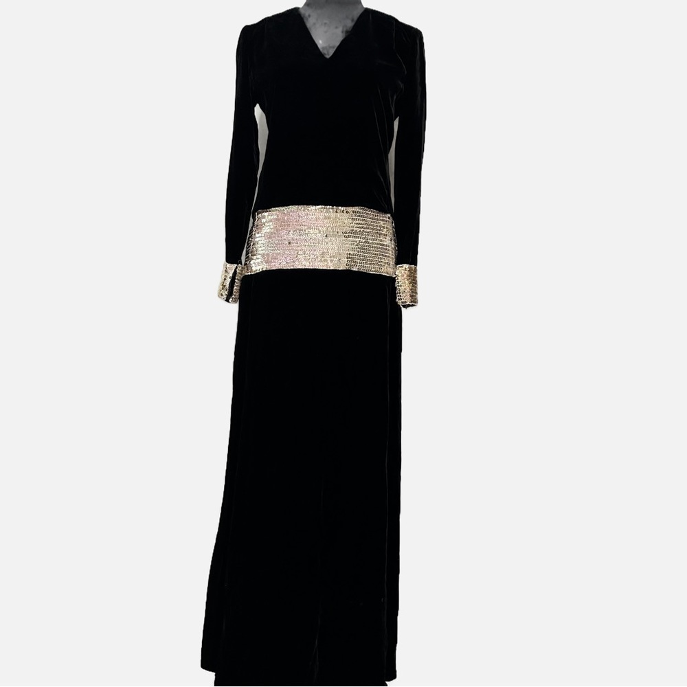 Vintage 60s Maxi Dress Velvet Black Mr Mort by Stan Herman With Sequins Sz 9